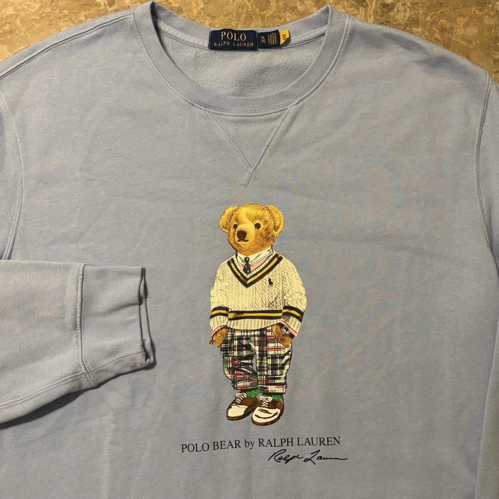 Polo Bear Ralph Lauren Sweatshirt Mens XL Blue Fleece Preppy Bear Patchwork